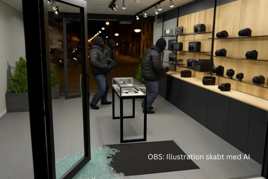 Illustration skabt i DALL-E af tre mænd, der begår indbrud i Hvidovre og stjæler fotoudstyr