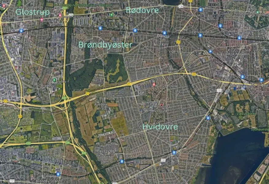 Hvidovre, Rødovre, Brøndbyøster og Glostrup på kort fra Google Earth Pro.