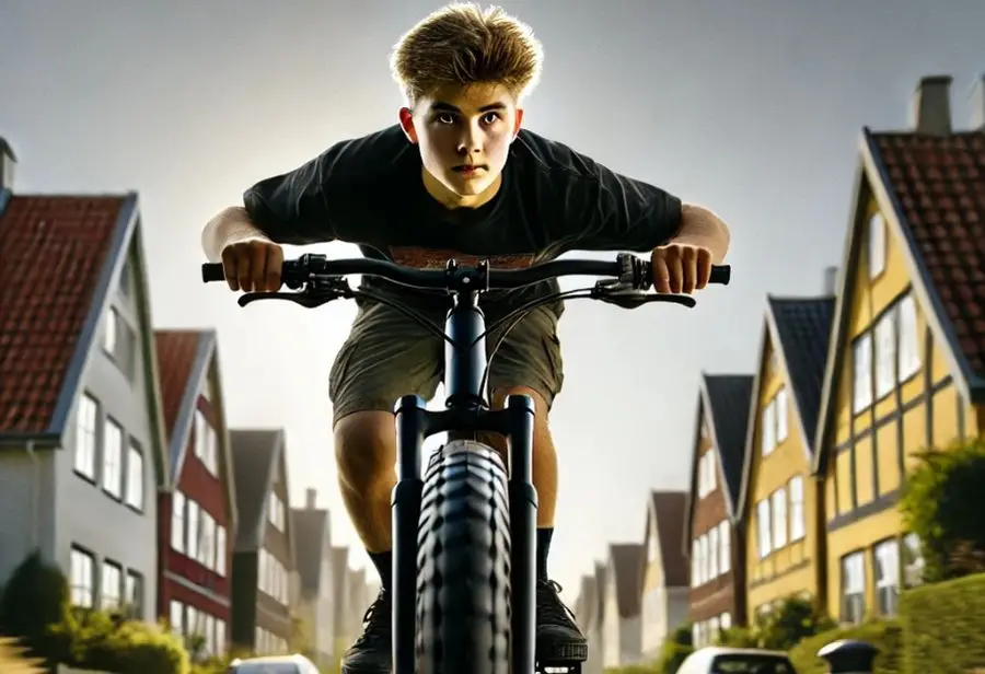 Dreng på ulovlig Fatbike ræser ned ad gaden, genereret med AI