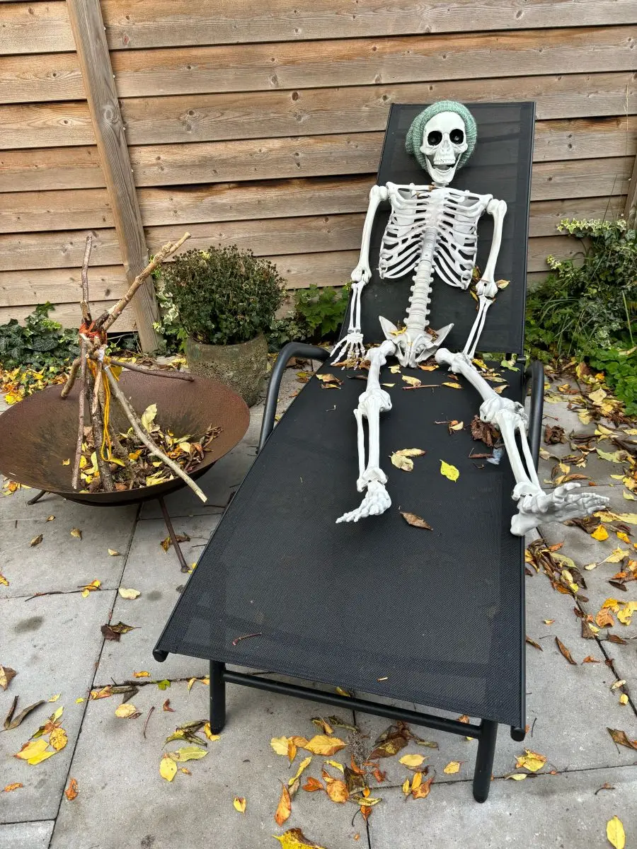 Halloween-skelet i havestol