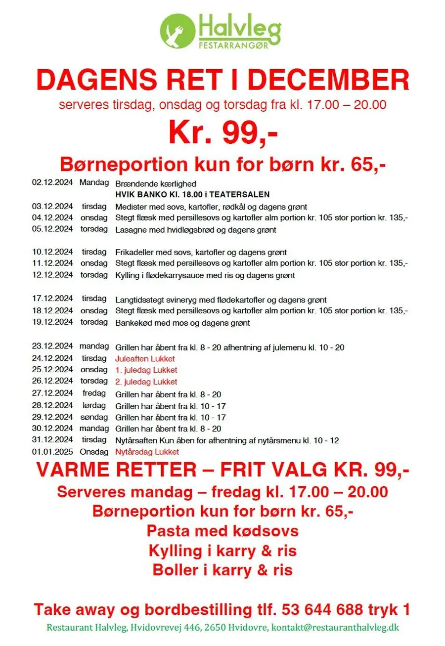 Restaurant Halvlegs menu i december