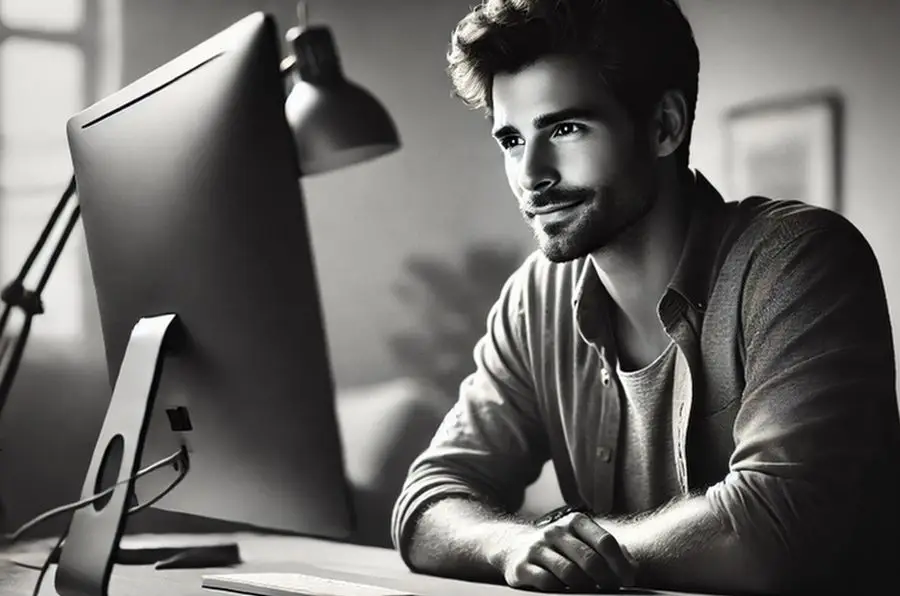 AI-foto af mand, der med et lille smil ser på en computeskærm, hvor han har modtaget feedback på en afvist jobansøgning