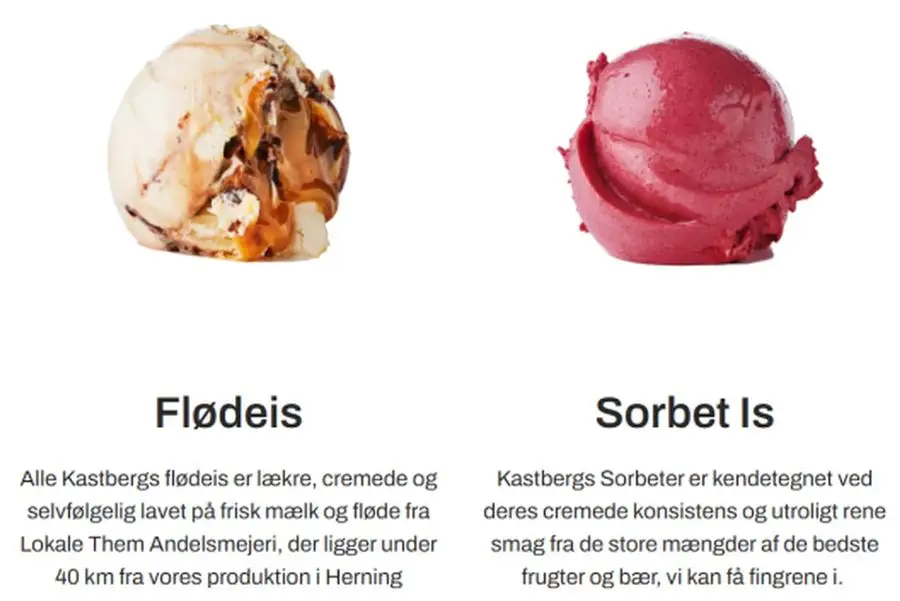 Beskrivelser af Kastbergs Gourmet-is, fløde og sorbet