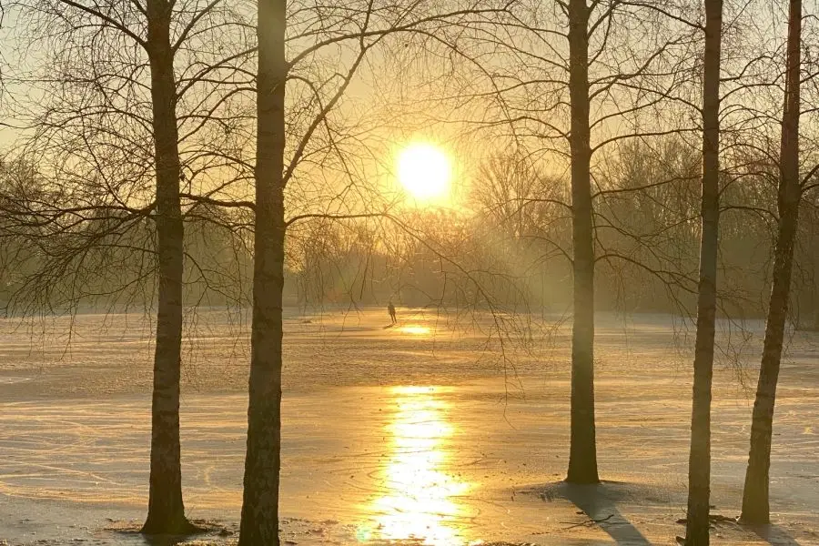 Skøjteløb i Vigerslevparken i smuk solopgang