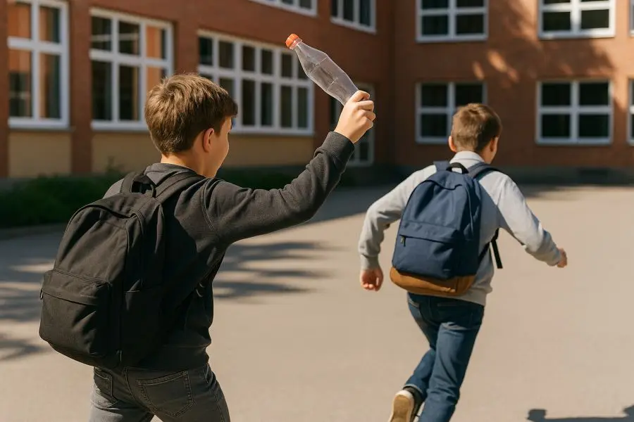 Barn jagter barn med flaske, skabt af AI