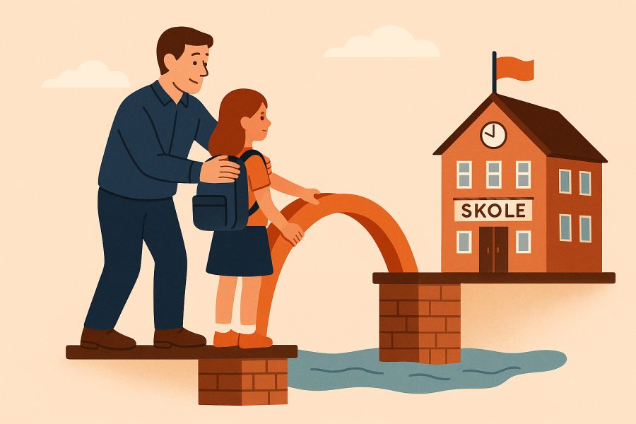 Forælder hjælper barn over bro til skole