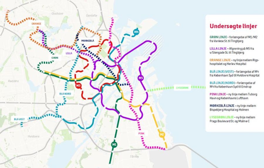 Kort over Københavns metrolinjer
