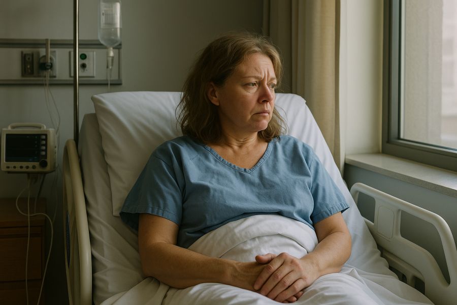 Kvinde i hospitalsseng, skabt med AI (ChatGPT)