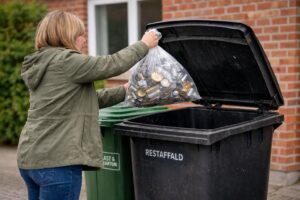 Kvinde smider affald i container, lavet med ChatGPT