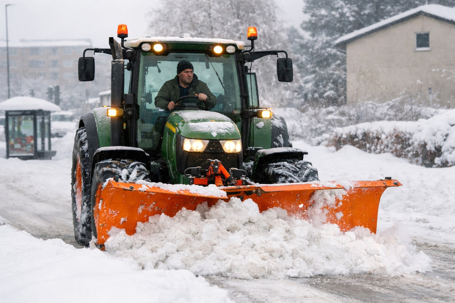 Landmand rydder sne i sin traktor (AI)