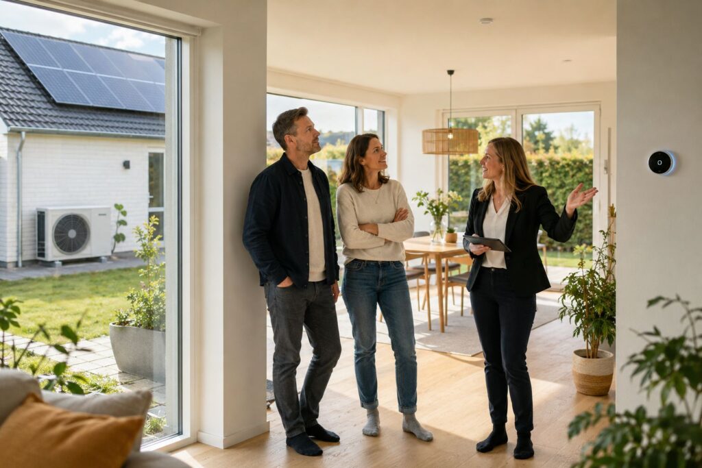 Mand og kvinde ser på hus, skabt af AI