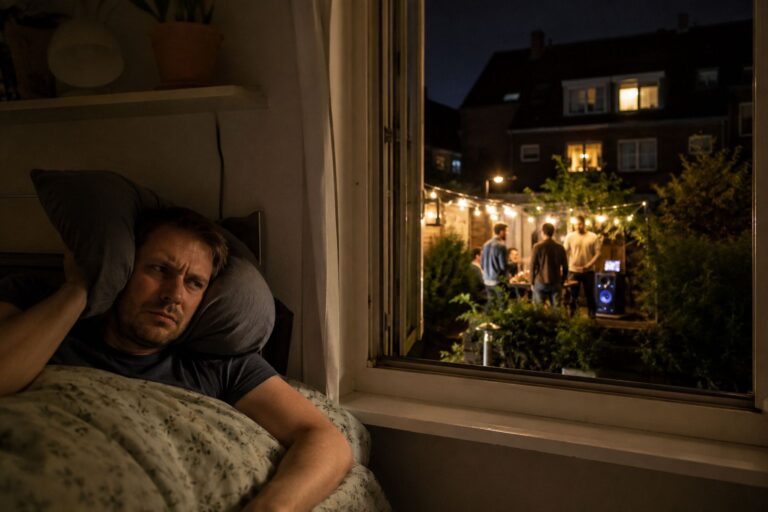 Sur mand i sengen lytter til naboens musik