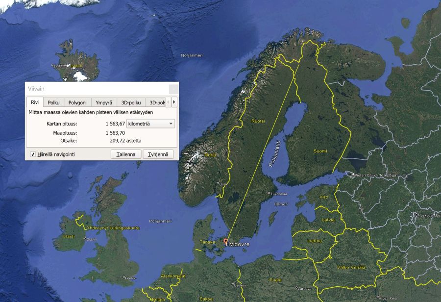 Afstand fra Hvidovre til Lapland på kort