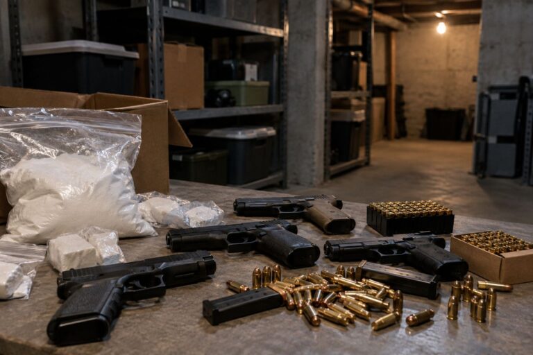 Kokain, våben og ammunition, billede skabt med AI