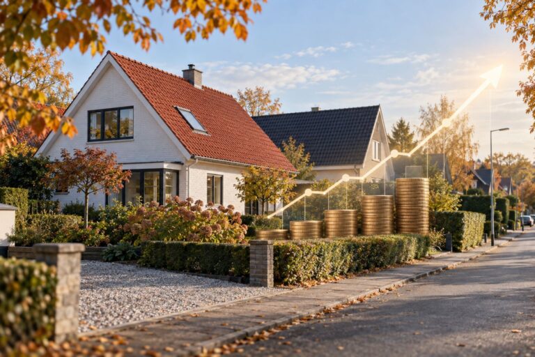 Hus med guldmønter i forhaven, skabt med AI